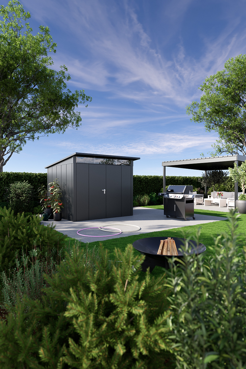 Новият едноскатен покрив за къщички за градински инструменти Juno създава модерна визия, която се подчертава от наклонената назад покривна повърхност и стилната стряха. Оберлихтът на предната страна със серийно монтирано устойчиво на надраскване остъкление от плексиглас осигурява естествена светлина.