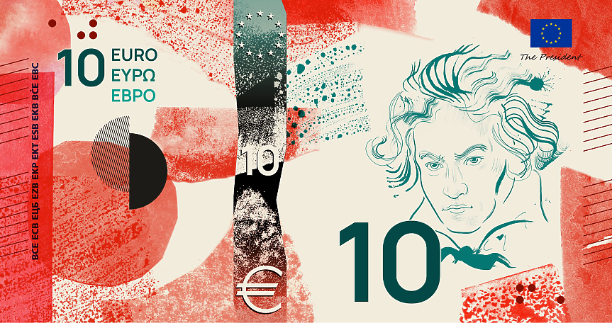 Дизайн F – Ян Роберт Дюнвайлер  Дизайнът има за цел да представи официалното мото на ЕС – „Обединени в многообразието“. Европа е обединена от богата обща културна история и наследство, представени чрез портрети на знакови европейски личности.